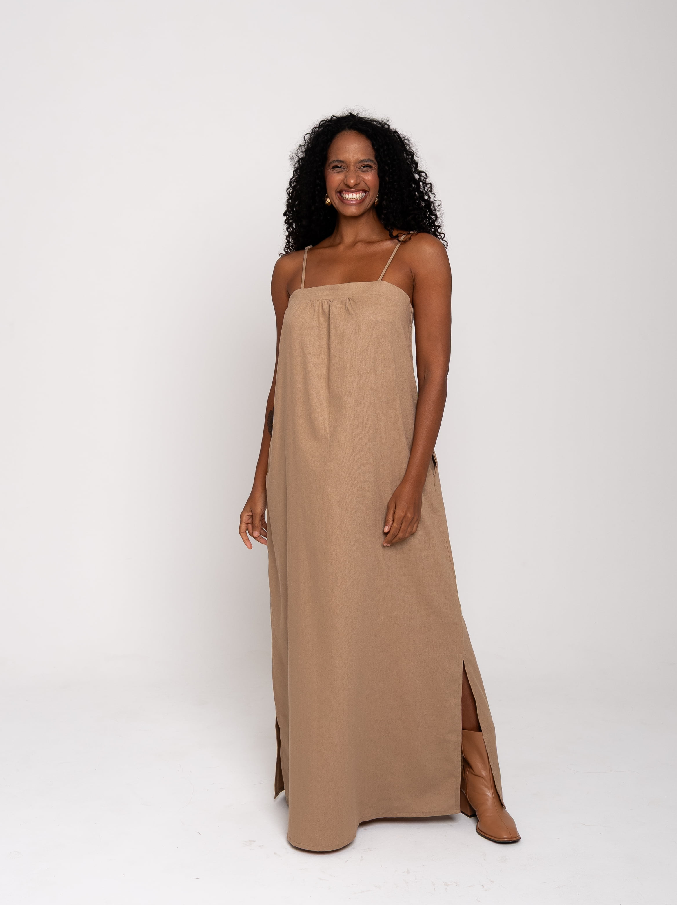 Vestido Fluir Cáqui // Tecido com linho 