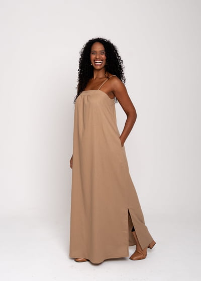 Vestido Fluir Cáqui // Tecido com linho 