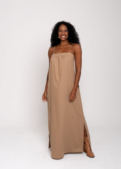 Vestido Fluir Cáqui // Tecido com linho 